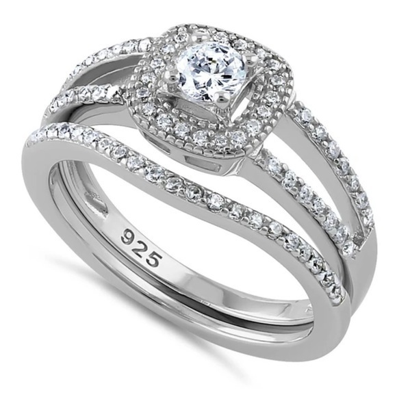 925 Sterling Silver Cubic Zirconia Wedding Set Ring - Picture 1 of 5